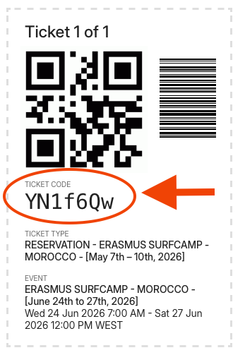 Example ticket showing where to find the ticket code